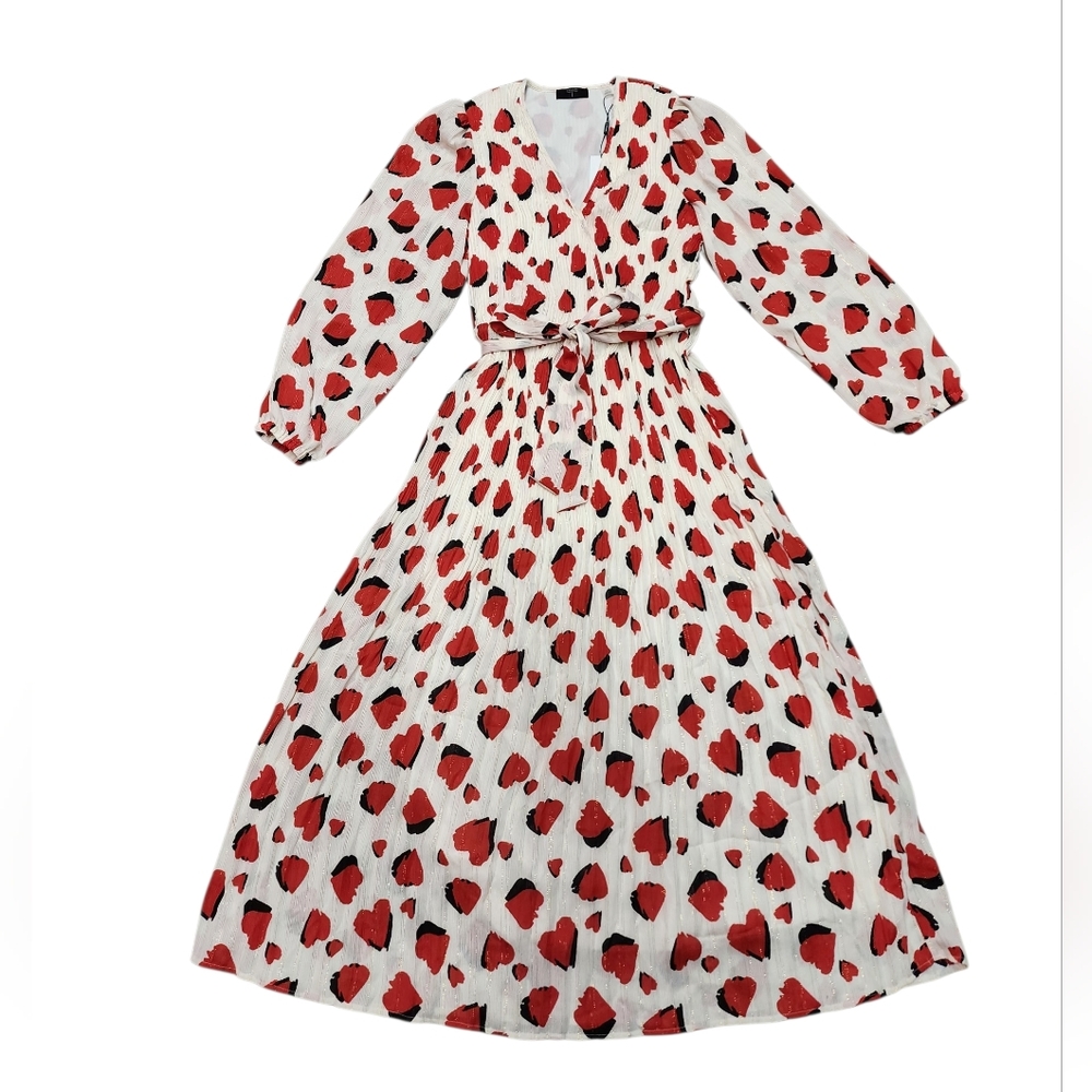 Tahari Red and White Heart Design Long Sleeve Dress With Matching Belt